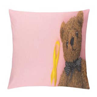 Personality  Top View Of Yellow Ribbon And Teddy Bear On Pink Background, Panoramic Shot, International Childhood Cancer Day Concept Pillow Covers