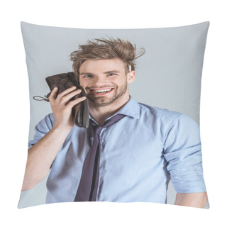 Personality  Overworking Businessman With Messy Hair Using Shoe As Phone Isolated On Grey  Pillow Covers