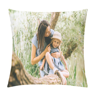 Personality  Mother And Adorable Daughter Hugging And Sitting On Tree Trunk Pillow Covers