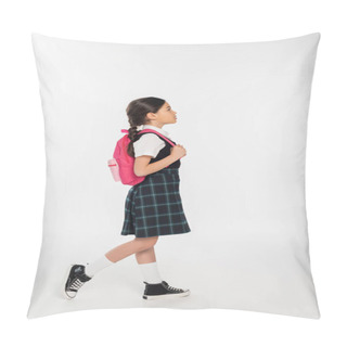 Personality  Full Length, Schoolgirl In Uniform Standing With Backpack And Looking Away, White Background Pillow Covers