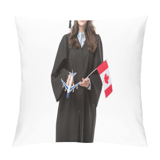 Personality  Cropped View Of Female Student In Academic Gown Holding Canadian Flag And Plane Model Isolated On White, Studying Abroad Concept Pillow Covers