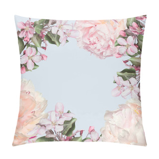 Personality  Elegant Spring Floral Frame In Pastel Colors From Creamy Peonies And Pink Apple Blossoms. Vintage Springtime Background For Seasonal Holidays And Events With Space For Text Pillow Covers
