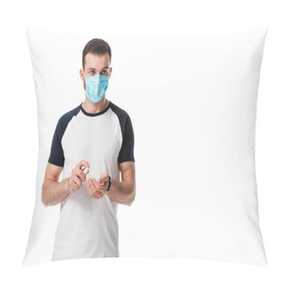 Personality  Man In Medical Mask Holding Spray Bottle With Hand Sanitizer Isolated On White  Pillow Covers