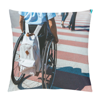 Personality  Cropped Image Of Man In Wheelchair With Bag Riding On Crosswalk Pillow Covers