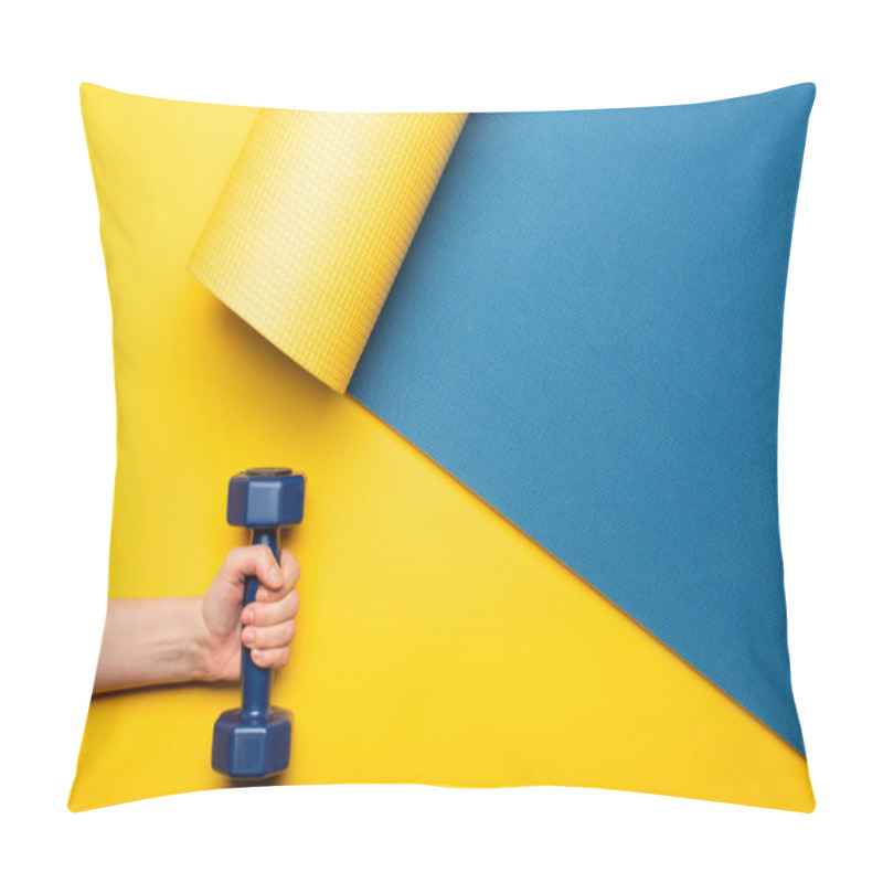 Personality  Cropped View Of Woman Holding Dumbbell On Blue Fitness Mat On Yellow Background Pillow Covers