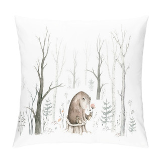 Personality  Woodland Watercolor Cute Animals Baby Bear. Scandinavian Owls On Forest Nursery Poster Design. Isolated Charecter. Pillow Covers