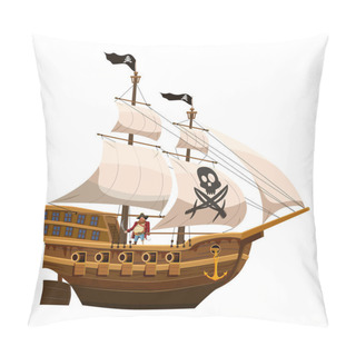 Personality  Pirate Ship Sail, Wooden Old Sailboat. Buccaneer Filibuster Corsair With Black Flag Skull, Jolly Rodger. Vector Illustration Cartoon Style Pillow Covers