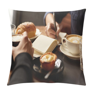 Personality  Interview In Cafe With Coffee And Pastry Pillow Covers
