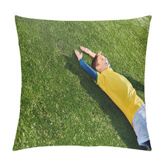 Personality  A Young Boy In A Soccer Uniform Lies Peacefully On The Grass, Staring At The Sky With A Smile On His Face, Lost In Thoughts Of The Beautiful Game. Pillow Covers