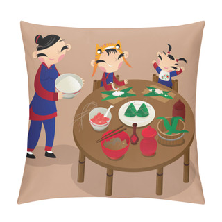 Personality  Two Kids Help Their Mother Making Rice Dumplings. It Is A Common Custom In Old China, Many Families Make Their Rice Dumplings At Home To Celebrate The Chinese Dragon Boat Festival Coming. Pillow Covers