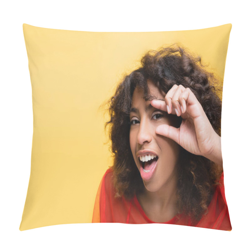 Personality  Astonished And Curious African American Woman Showing Peeping Gesture Isolated On Yellow Pillow Covers