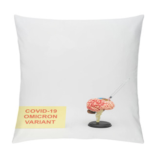 Personality  Card With Covid-19 Omicron Variant Lettering Near Brain Model With Syringe On Grey Background Pillow Covers