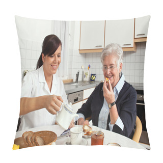 Personality  Nurse Helps Elderly Woman At Breakfast Pillow Covers