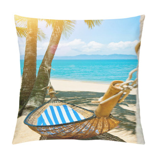 Personality  Beautiful Beach. Hammock Between Two Palm Trees On The Beach. Holiday And Vacation Concept. Tropical Beach. Beautiful Tropical Island. Pillow Covers
