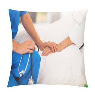 Personality  Medical Doctor Holding Senior Patient's Hands And Comforting Her Pillow Covers