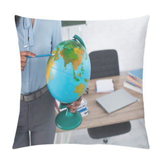 Personality  Cropped View Of African American Teacher Pointing At Globe With Pencil  Pillow Covers