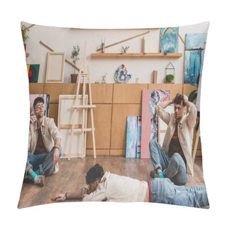 Personality  Multiple Exposure Of Artist In Lying And Seating Poses In Painting Studio Pillow Covers