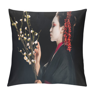 Personality  Side View Of Beautiful Geisha In Black Kimono With Red Flowers In Hair Holding Sakura Branches Isolated On Black Pillow Covers