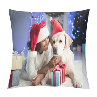 Personality  Cheerful African American Girl Stroking Labrador Dog While Lying On Floor Near Gift Boxes On Blurred Background Pillow Covers