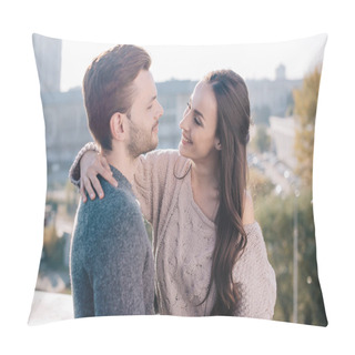 Personality  Happy Young Couple Embracing And Looking At Each Other On Rooftop Pillow Covers