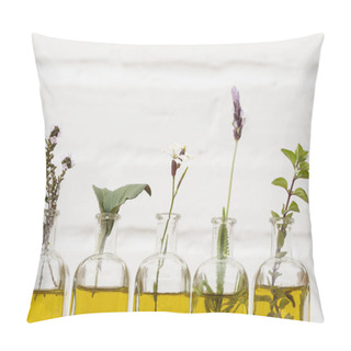 Personality  Bottle Of Essential Oil With Herbs Set Up On White Background Pillow Covers