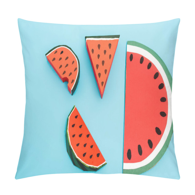 Personality  top view of paper watermelon slices on blue background pillow covers