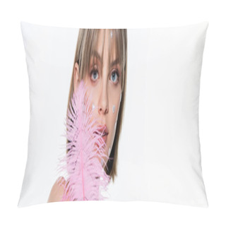 Personality  Pretty Woman With Nacreous Heart Shape Elements In Makeup Near Pink Feather Isolated On White, Banner Pillow Covers