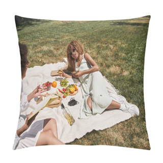 Personality  African American Woman With Smartphone And Wine Glass Talking To Girlfriend On Summer Picnic Pillow Covers