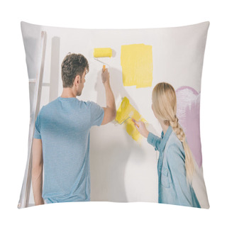 Personality  Young Couple Painting White Wall In Yellow With Paint Rollers Pillow Covers
