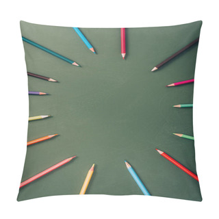 Personality  Top View Of Empty Frame Of Color Pencils On Green Chalkboard Pillow Covers