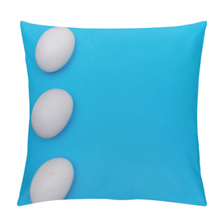 Personality  Three Easter Holiday Flat Lay With White Egg On A Solid Bright Blue Vibrant Background With Copy Space On Right. Pillow Covers