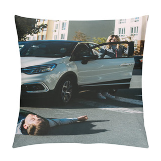 Personality  Woman Opening Car Door And Looking At Injured Man Lying On Road After Traffic Accident Pillow Covers