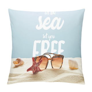 Personality  Brown Stylish Sunglasses On Sand With Seashells And Starfish On Blue Background With Let The Sea Set You Free Lettering Pillow Covers