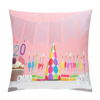 Personality  Background Date Of Birth Number  20. Anniversary. Beautiful Festive Background With Candles For A Girl. Women's Congratulations Postcard. Happy Birthday In Pink. Pillow Covers