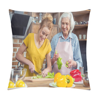 Personality  Granddaughter And Grandmother Cooking Together Pillow Covers