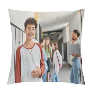 Personality  Happy Boy With Braces Holding Smartphone And Looking At Camera During Break In School Hallway Pillow Covers