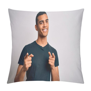 Personality  Young Handsome African American Man Wearing Casual T-shirt Standing Over White Background Pointing Fingers To Camera With Happy And Funny Face. Good Energy And Vibes. Pillow Covers