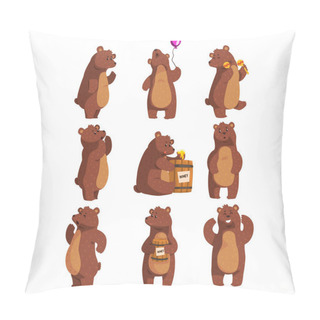 Personality  Set With Funny Bear. Forest Animal Waving By Paw, Holding Balloon, Dancing, Howling, Calling Someone, Eating Honey From Wooden Barrel, Smiling. Flat Vector Design Pillow Covers