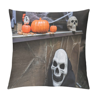 Personality  Orange Pumpkins And Spooky Skulls On Porch Decorated For Halloween Pillow Covers