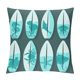 Personality  Surfboards Set With Blue Sea Creatures Drawing Pillow Covers