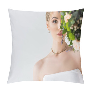 Personality  Beautiful Bride In Elegant Wedding Dress Covering Face With Flowers Isolated On White  Pillow Covers