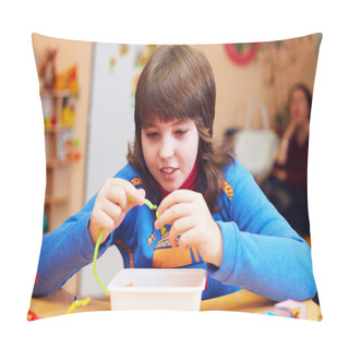 Personality  Happy Kid With Disability Develops Fine Motor Skills At Rehabilitation Center For Kids With Special Needs Pillow Covers