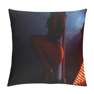 Personality  Cropped View Of Sexy Stripper Pole Dancing On Blue With Smoke And Red Lighting  Pillow Covers