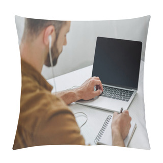 Personality  Selective Focus Of Man Listening Music, Writing In Notebook And Using Laptop  Pillow Covers