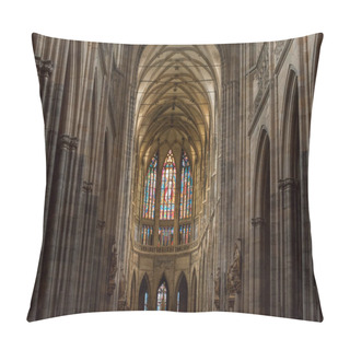 Personality  PRAGUE, CZECH REPUBLIC - JULY 23, 2018: Beautiful Ancient Stained Glass Windows Inside St Vitus Cathedral In Prague, Czech Republic  Pillow Covers