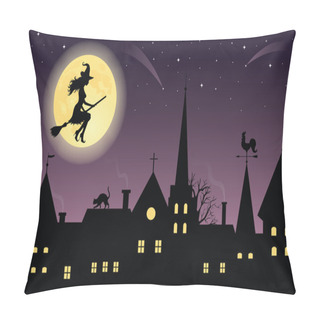 Personality  Silhouette Of A Witch On A Broom Flying Over A Town. Full Moon And Stars On The Background. Pillow Covers