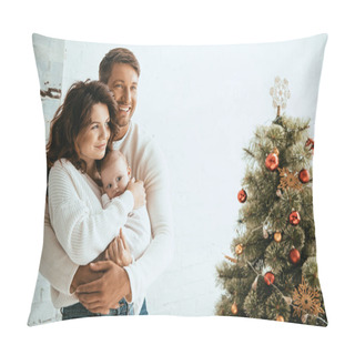 Personality  Happy Man Embracing Wife With Baby While Standing Near Christmas Tree Pillow Covers