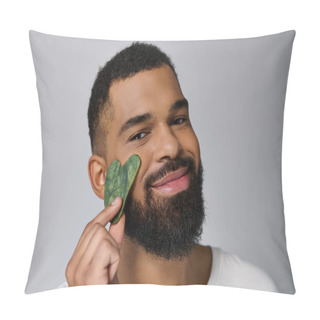 Personality  African American Young Man Holds Gua Sha For Skincare Routine. Pillow Covers