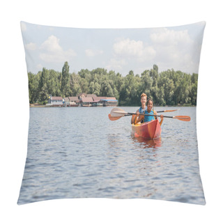 Personality  Cheerful African American Woman And Young Redhead Man In Life Vests Paddling In Sportive Kayak While Spending Time On River During Weekend On Summer Day Pillow Covers