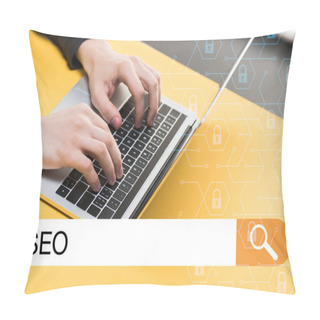 Personality  Cropped View Of Hacker Using Laptop Near Search Bar With Seo Lettering  Pillow Covers
